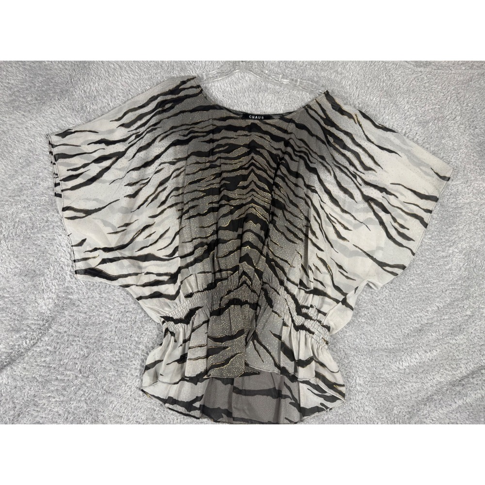 Chaus Zebra Print Blouse Womens Medium Black Gold Metallic Smocked Dolman Top